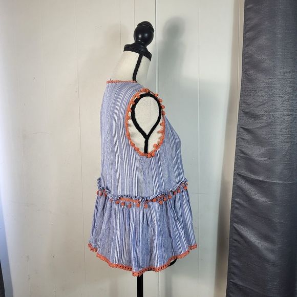 THML Blue White Stripe Pom Pom Peplum Cotton Blouse Size Medium - Picture 4 of 5